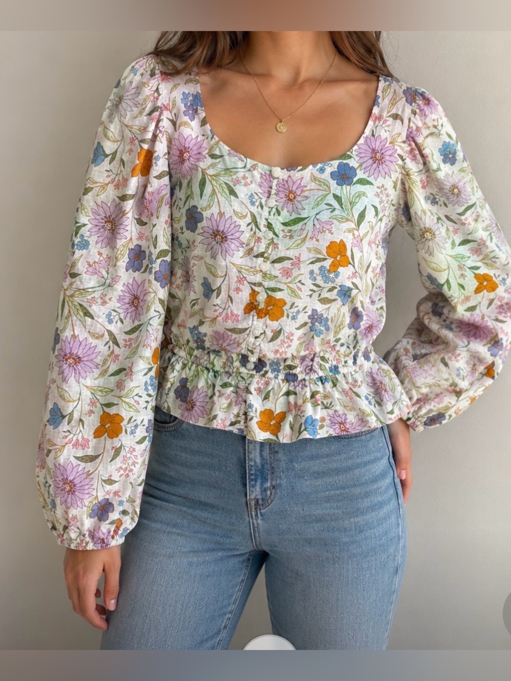a.n.a White Floral Scoop-Neck Peplum Blouse with Lavender, Blue & Orange Flowers